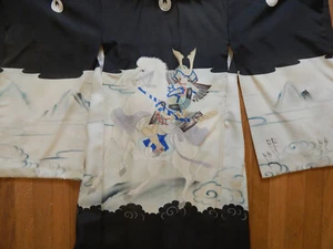 JAPANESE UKATA HAND PAINTED SILK ROBE  WARRIOR SAMURAI, HORSE, VINTAGE KIMONO  - Picture 1 of 10