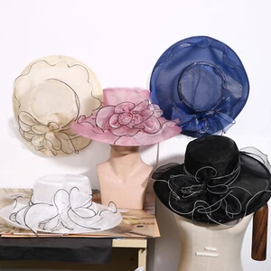 Womens Wide Brim Large Derby Fascinator Hat Organza Church Wedding Tea Party Hat - Picture 1 of 42