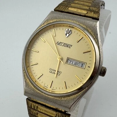 Reloj de Cuarzo Nelsonic Vintage Hombre Tono Dorado Diamante Día Fecha Elastizado Batería Nueva Foto 1 de 4