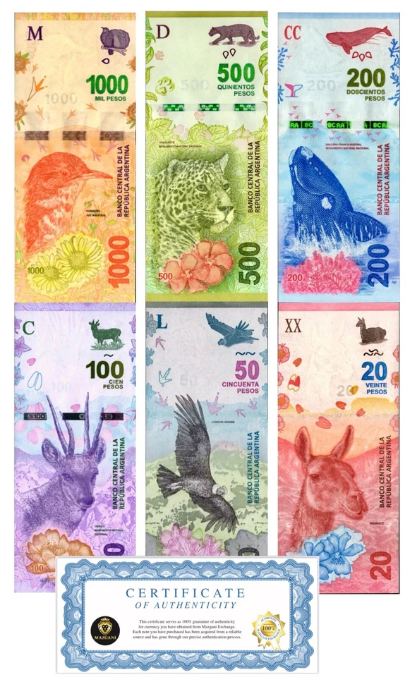 Argentina 20 50 100 200 500 1000 Pesos 6 Piezas JUEGO NUEVO, 2016-2019 Billete ND UNC Foto 1 de 4