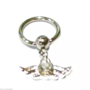 Captive Nipple Ear Ring 14 Gauge 7/16" Dangle Gemmed Wing Charm Steel * - Picture 1 of 4