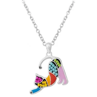 Colorful Mosaic Stretching Cat Pendant Necklace White Gold - Image 1 of 4