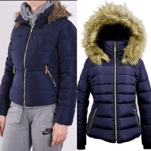 H&M navy blue puffer girls winter hooded fur size girls 6 - Picture 1 of 9