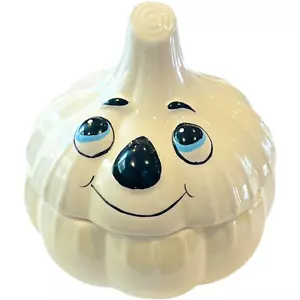 Vintage Ceramic White Anthropomorphic Blue Eyes Garlic Covered Dish - Picture 1 of 5