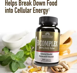Windmill Natural Vitamins B Complex Boost Energy 100 Tablets (Pack Of 4 Bottles) - Picture 1 of 5