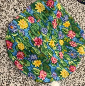 SCHEUERMÜTZE MÜTZE NEU MIT ZUGBÄNDERN GELB ROSA BLUMEN - Bild 1 von 1