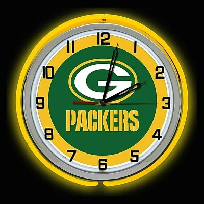 Green Bay Packers 19" Yellow Double Neon Clock Man Cave Game Room Bar Football - Image 1 of 2