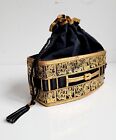 1950s Collector's Black Gold Embossed Suede Leather Draw String Box Evening Bag