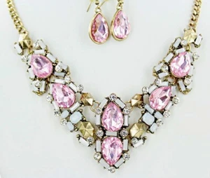 Pink & White Crystal Necklace & Earrings Special Occasion Statement Gold - Picture 1 of 1
