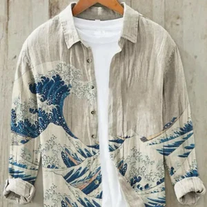 Japanese The Great Wave Off Kanagawa Blend Linen Shirt - Picture 1 of 3
