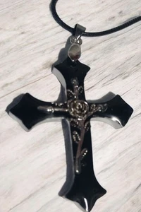 Handmade Black Resin Cross Pendant with Inlaid Silver Metal Rose - Picture 1 of 1