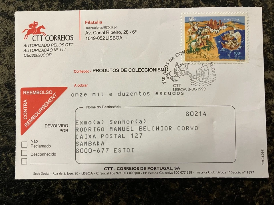 Portugal 1999 - Cash on delivery form Algarve Conquest stamp -  first day cancel - Image 1 of 1