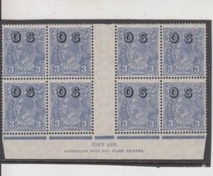 Stamp KGV 3d blue C of A watermark overprinted OS Ash imprint plate 8 block of 8 - Picture 1 of 2