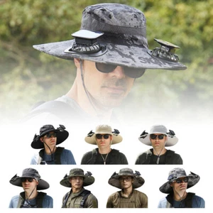 Outdoor Wide Brim Sun Hat with 2 Solar Fan UV Protection Hiking Camping Fishing - Picture 1 of 20