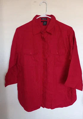 Willi Smith Womens Red  Linen Blend 3/4 Sleeve Shirt Blouse Top Sz L - Image 1 of 3