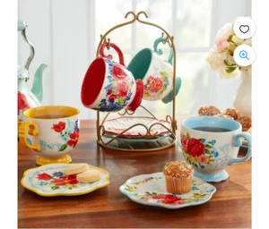 PIONEER WOMAN FLORAL MEDLEY MUG RACK WITH APPETIZER PLATES &MUGS 9 PIECE SET HTF - Picture 1 of 12