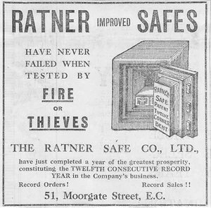 Ratner Safe Co. 1913 nunca falló cuando fue probado por bomberos o ladrones anuncio original - Imagen 1 de 1