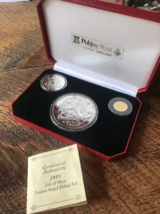 1995 Isle of Man Angel 3 Coin Gold & Silver Proof Set Uncirculated Coins Vintage - Picture 1 of 11