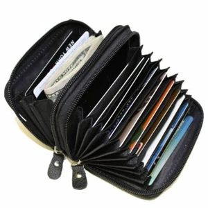 New Black Solid Leather Accordion Wallet Zip Around ID Credit Card Case Holder - Picture 1 of 13