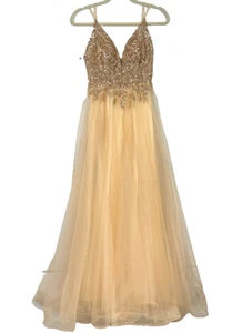 Cinderella Divine Gr. XS Gold Pailletten Perlen Champagner Tüll Abendkleid Party - Bild 1 von 14