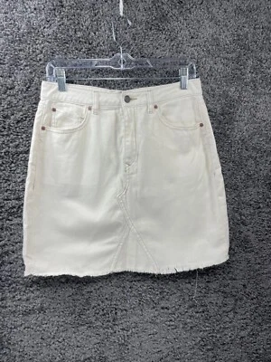 Volcom Jeans Skirt Women's Ivory Medium 12 High-Rise 5-Pockets Frayed Hem Preppy - Image 1 of 4