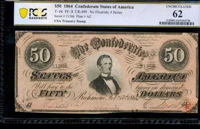 AC T-66 $50 1864 Confederate Currency CSA PCGS 62 - Image 1 of 2