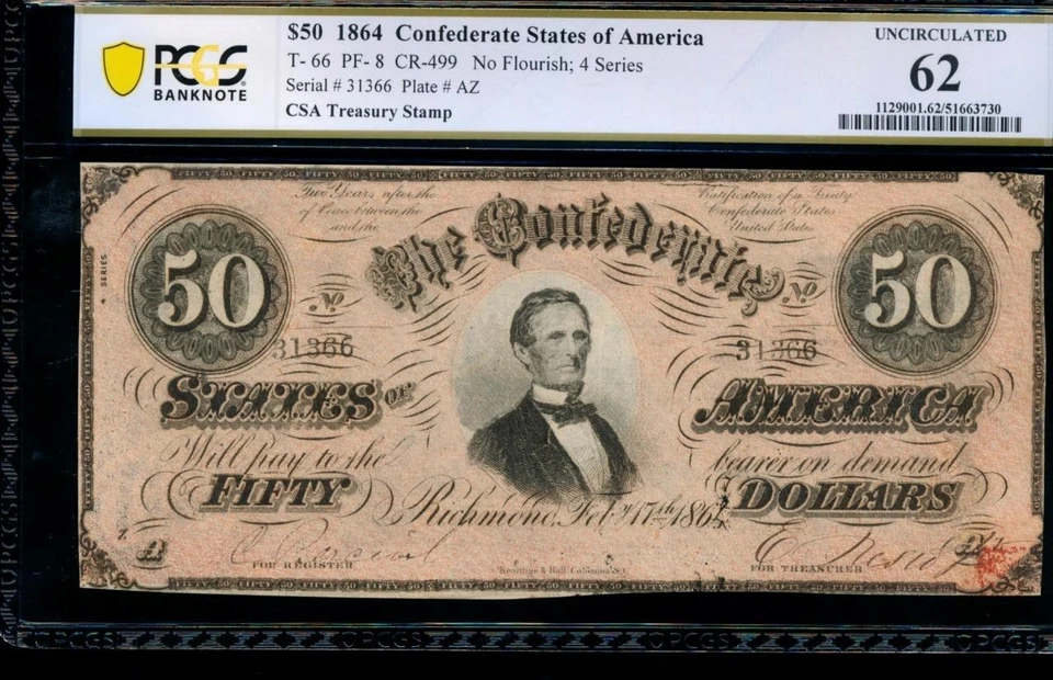 AC T-66 $50 1864 Confederate Currency CSA PCGS 62 - Image 1 of 2