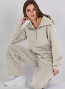 2 Piece Beige Tracksuit Zip Up Sweatshirt Matching Pants Anrabess Women’s Small - Picture 1 of 10