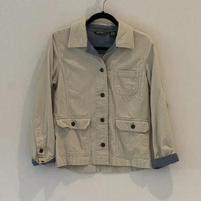 Vintage Eddie Bauer SMALL Corduroy Chore Jacket Womens Cream Cotton Button Front - Image 1 of 4