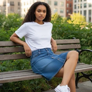 Antigua Falda Denim Azul Marino 16 Tiro Alto Azul Jean Botón Delantero Corta Informal ClásicaNUEVA - Imagen 1 de 8