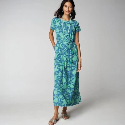 J. Jill Womens L Tall Blue Green Floral Maxi Dress Tasseled Tie Waist - Image 1 of 4