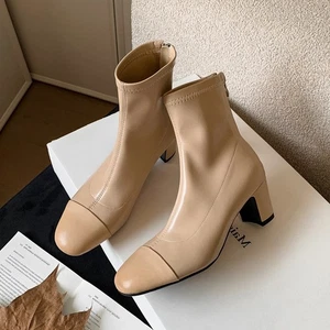 Winter Back Zipper Womens Ankle Boots Chunky High Heel Round Toe Slimming Boots - Picture 1 of 20