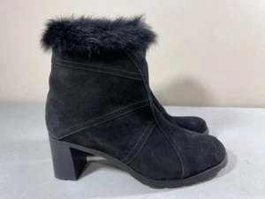 BRILLIANT WOMEN'S BLACK SUEDE SIDE ZIP FAUX FUR TRIM WATERPROOF ANKLE BOOTS 8.5M - Picture 1 of 3