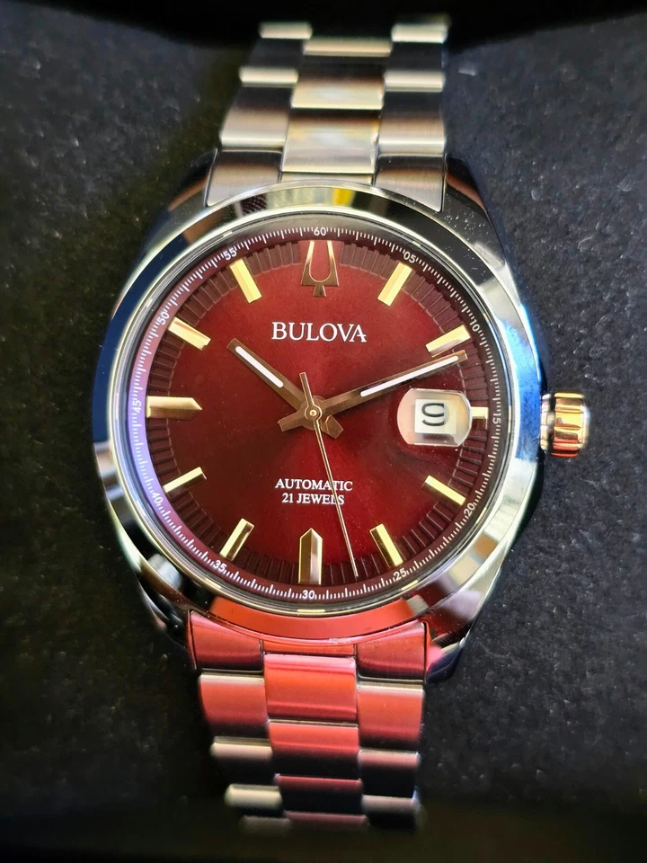 Bulova Surveyor Automatic Watch 39mm Red Dial Stainless Steel Men's Watch 98B422
