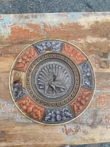 Antique Old Brass Copper Silver Peacock Figure Wall Mount Beautiful Plate - Picture 1 of 14