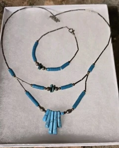 Halskette Armband Indianer Faux Türkis Doppel Halsband 18" 6" Schmuck  - Bild 1 von 8