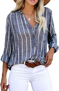 NWT $35 XL Button Down Striped Blouses for Women Roll up Long Sleeve V NK Shirt - Picture 1 of 6