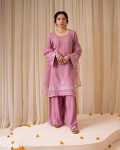 Indian Style Georgette Lavender Top And Palazzo With Dupatta For Functional Wear - Picture 1 of 12