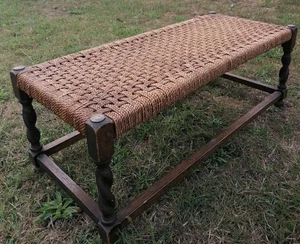 Vintage Very Long Footstool Stool 82cm Wooden Legs Woven String Top FOR REPAIR - Picture 1 of 24