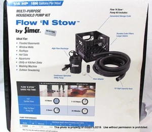 SIMER FLOW 'N STOW MULTI-PURPOSE HOUSEHOLD PUMP KIT 1/4 HP 1800 GPH Submersible - Foto 1 di 8