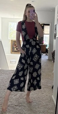 Vintage HMS by Johnathan Martin Boho Cropped Overalls S Elastic High Waist Blue - Image 1 of 4