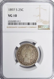 1897-S BARBER QUARTER ~ NICE ORIGINAL NGC VG10 BORDERLINE FINE! - Picture 1 of 4