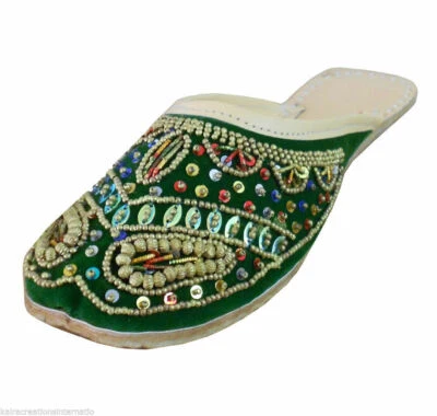 Zuecos de mujer de cuero hechos a mano zuecos indios Jutties Mojaries planos verdes EE. UU. 8 Foto 1 de 4