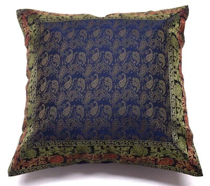 16x16 pollici copricuscino in broccato Zari Banarasi seta paisley tessuto indiano blu - Foto 1 di 4