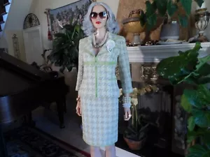 Douglas Hannant Light Green Houndstooth PatternTweed Skirt Suit Size 6 - Picture 1 of 24