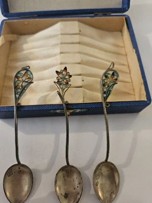 Lot 3 Antique Art Nouveau Sterling R & F Plique-a-Jour Spoons Flowers MultiColor - Image 1 of 4