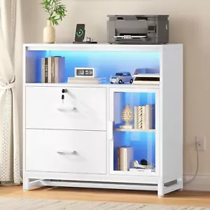 File Cabinet with Charging Station, 2 Drawer Filing Cabinet with LED Lights - Picture 1 of 40