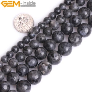 Cuentas de piedras preciosas redondas naturales de larvikita negra para hacer joyas hilo de agujero grande de 15" - Imagen 1 de 28