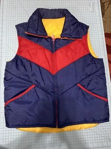 Vtg Medium 70s Puffer Vest Yellow Red Blue Puffy Striped Reversible JC Penney - Picture 1 of 6