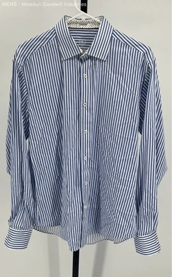 Bugatchi Men's Blue Striped Shaped Fit Casual Button-Down Shirt - Image 1 of 4